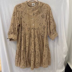 Anthropologie dRA Yara Mini Dress Tan/Cream Eyelet Cotton Size S